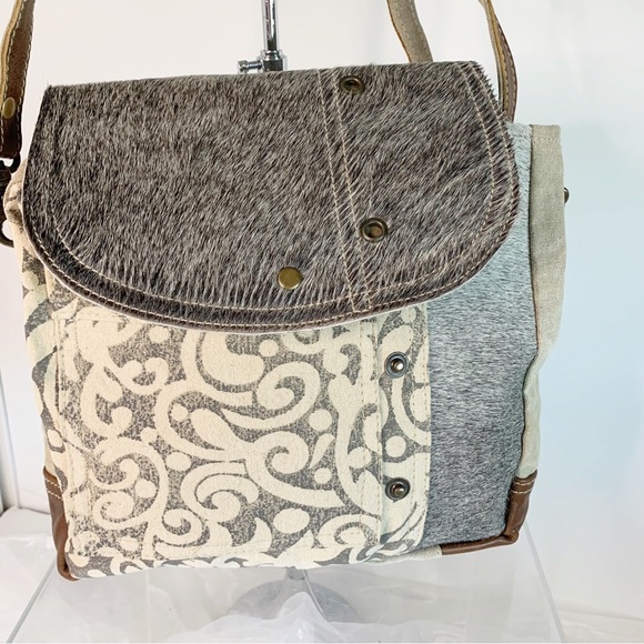 Myra Bag Factual Upcycled Canvas & Cowhide Messenger Bag S-1487 - Picture 2 of 7